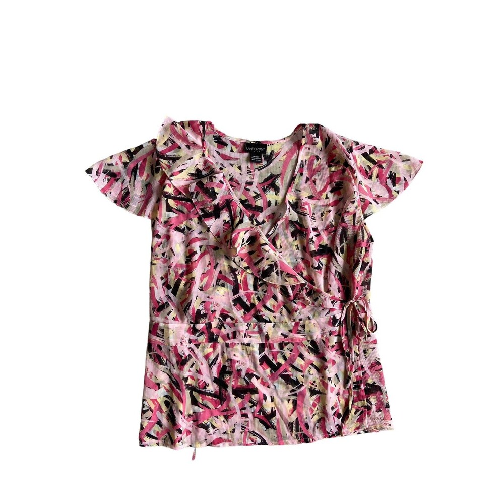 Lane Bryant Womens Sheer Ruffle Wrap Top Size 18/20W Pink‎ Abstract Office Siren